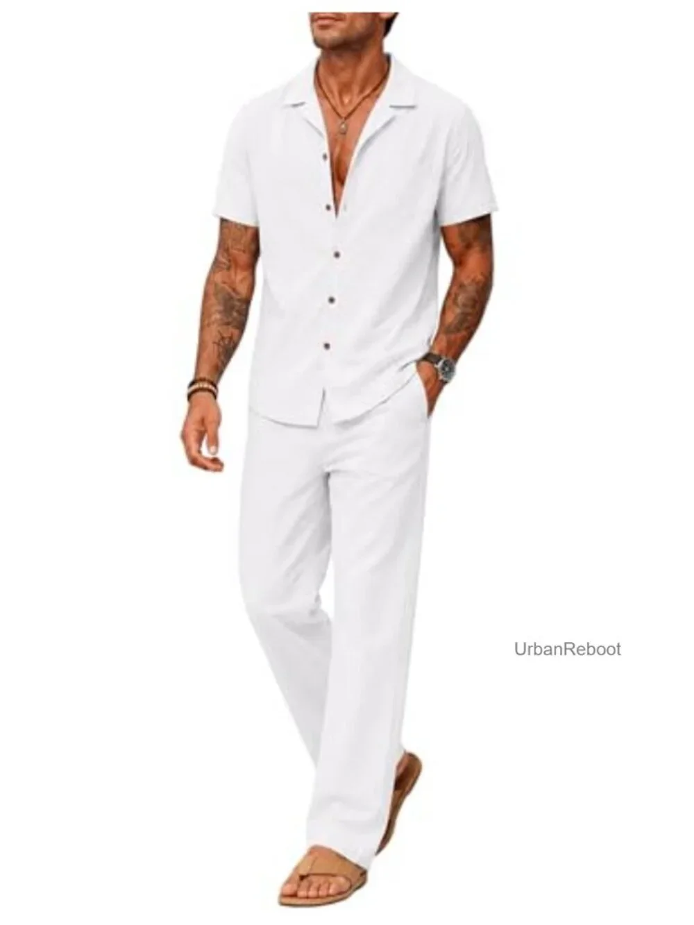 Mens 2 Piece Linen Set Summer Beach Button Down Shirt Long Pant Vacation Casual